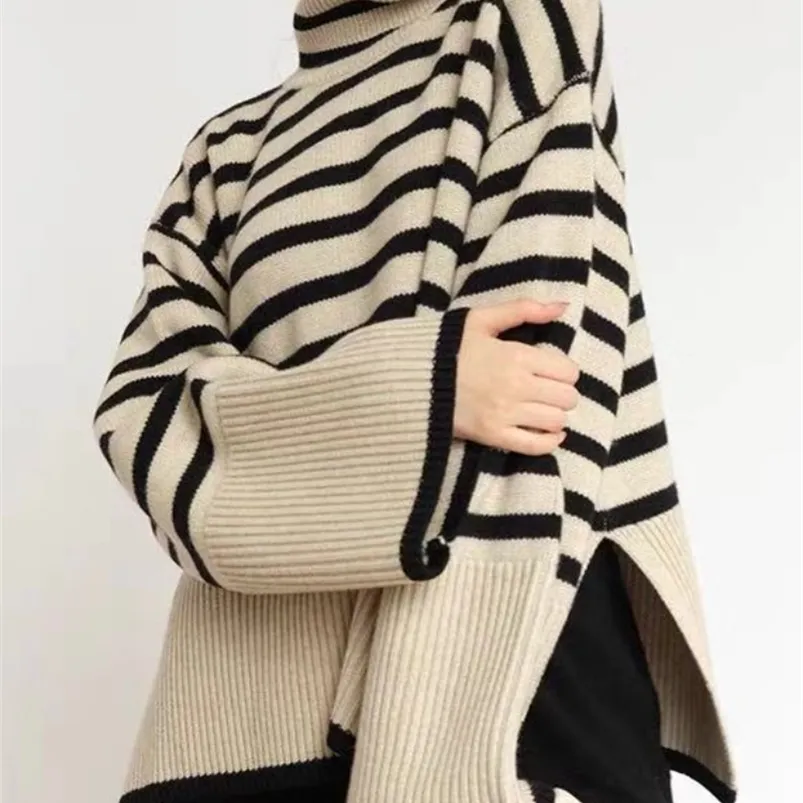 여성용 스웨터 Atasan Mode Sweter Berkerah Tinggi Bergaris Wanita Atasan 점퍼 Longgar Desain Musim Gugur Musim Dingin Baru Mujer 221006