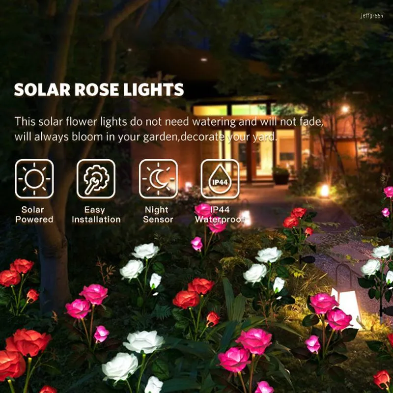 3/5 tête LED simulation solaire Rose fleurs étanche lumière extérieure jardin cour pelouse nuit lampe paysage décoration de la maison fleur