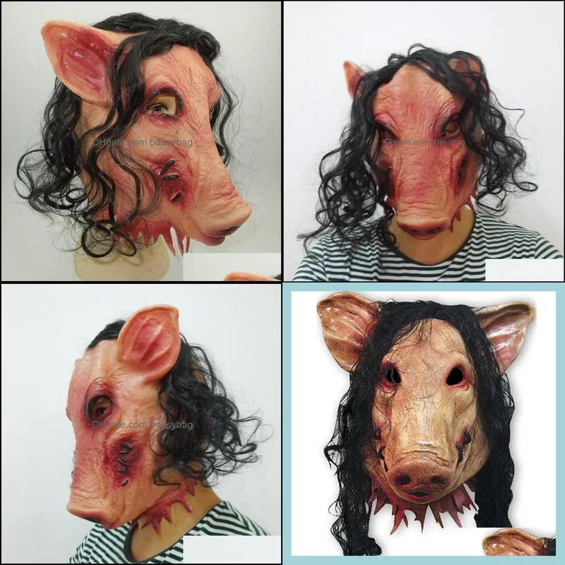 Party Masks Wholesale-Scary Roanoke Pig Mask Adults Full Face Animal Latex Halloween Horror Masquerade With Black Hair H-0061