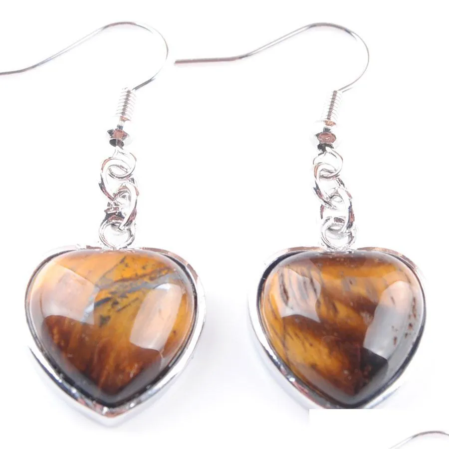 Cuelgue la lámpara Natural Tigers Eye Stones Pendientes colgantes Love Heart Shape Bead Pendant Drop Earring Joyería de boda para Bdehome Dht4U