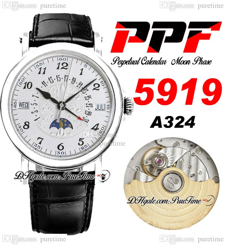 PPF Calendario perpetuo 5919 A324 Orologio automatico da uomo con fasi lunari Cassa in acciaio da 38 mm Fiori 3D Totem Quadrante Blu Romano Cinturino in pelle nera Super Edition Puretime B2