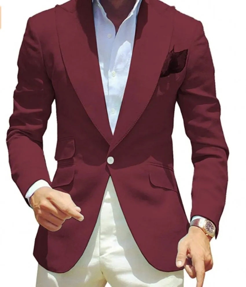 Amazing Burgundy Gorgeous Peaked Lapel Slim Fit Men Suits for Prom