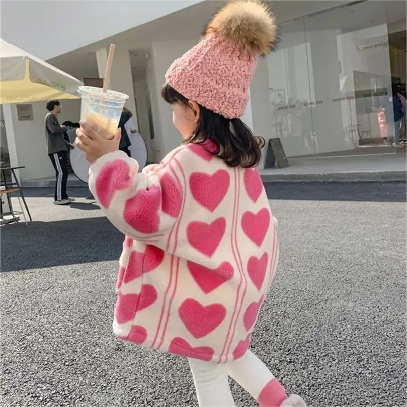 Jackets Girls Fleece Jacket Coat Cute Heart Pattern Warm Children Outerwear Sweatshirt Winter Fashion Kids Top Clothes 2201006