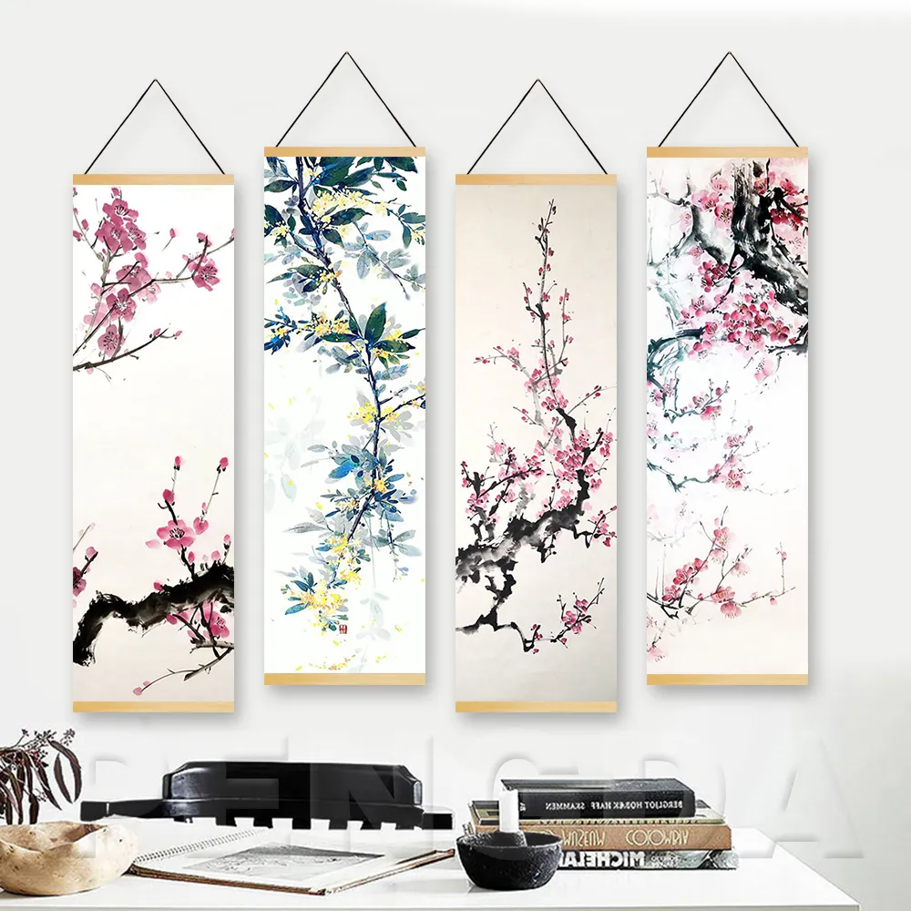 Paintings Nordic Wall Art Canvas Pictures Plum Blossom Landscape Poster Wooden Scroll Hanging Painting Printed Home Living Room Decoration 221006
