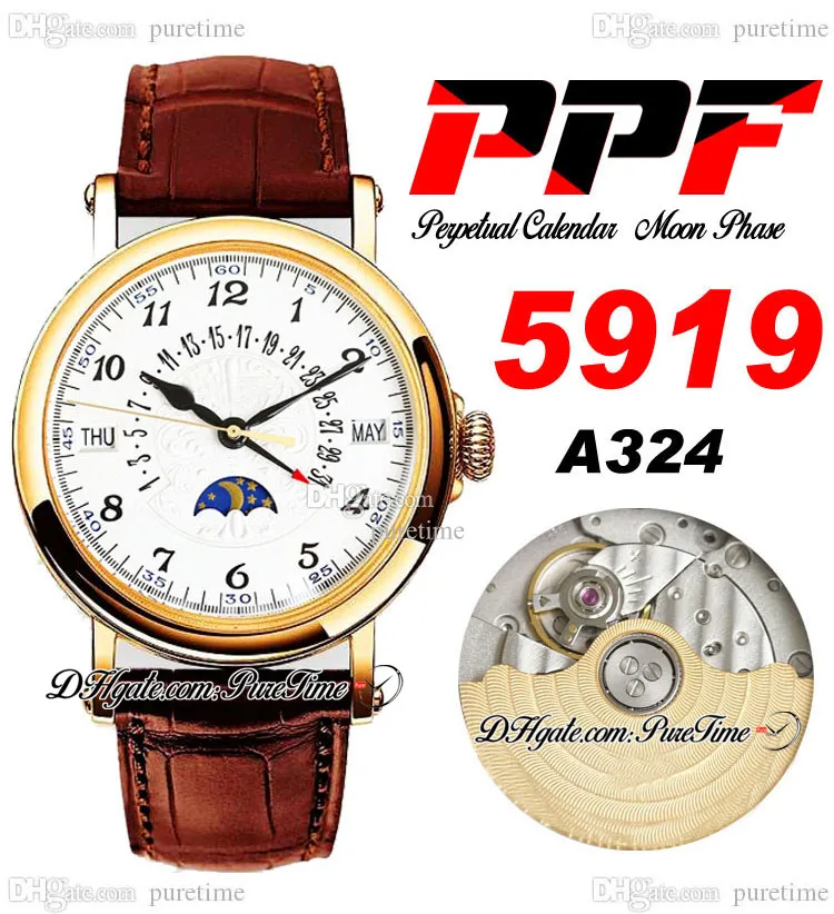 Calendário perpétuo de PPF 5960R A324 Automático relógio masculino Lua Fase 38mm Amarelo Gold 3D Flores Totem Dial Silver Blue Roman Brown Leather Super Edition Puretime B2
