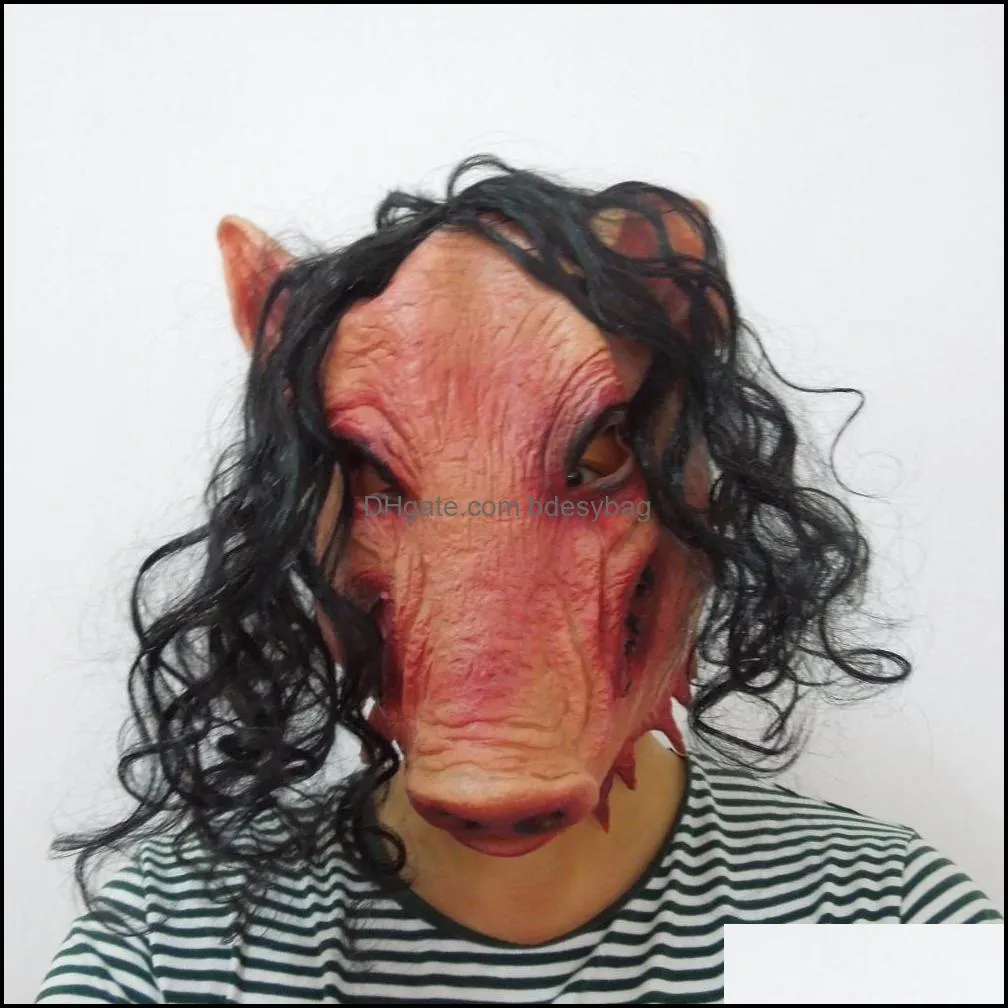 Party Masks Wholesale-Scary Roanoke Pig Mask Adults Full Face Animal Latex Halloween Horror Masquerade With Black Hair H-0061