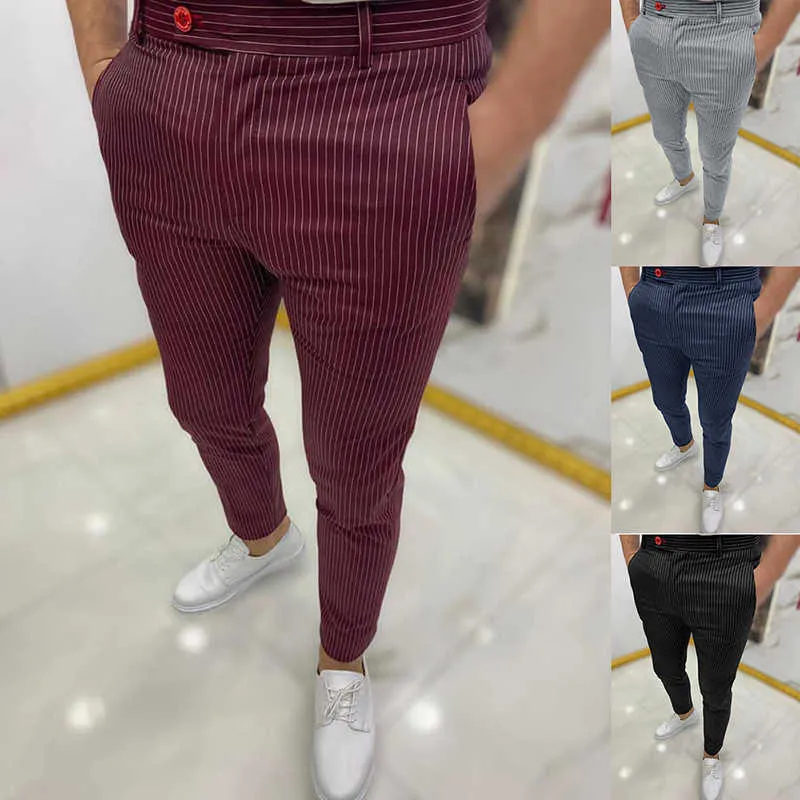 Pantalones de hombre 2021 primavera otoño cintura media ajustados largos de negocios Casual pantalones delgados de moda lápiz de impresión a rayas para hombres G220929