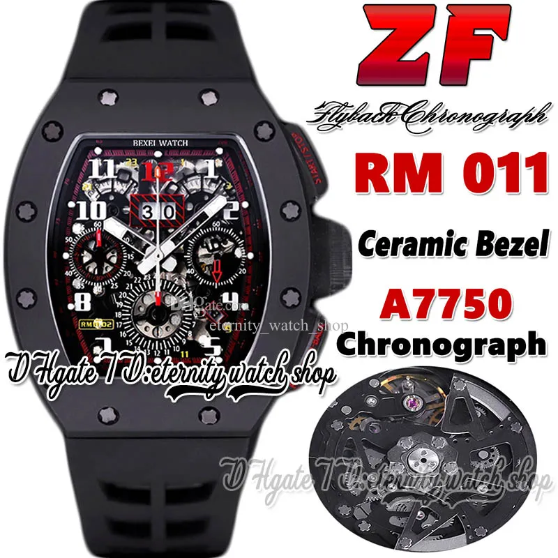 Z Latest zf202201102 Mens Watch A7750 Chronograph Automatic Black Ceramic Bezel Steel Skeleton Dial Number Markers Rubber Strap Super Edition eternity Watches