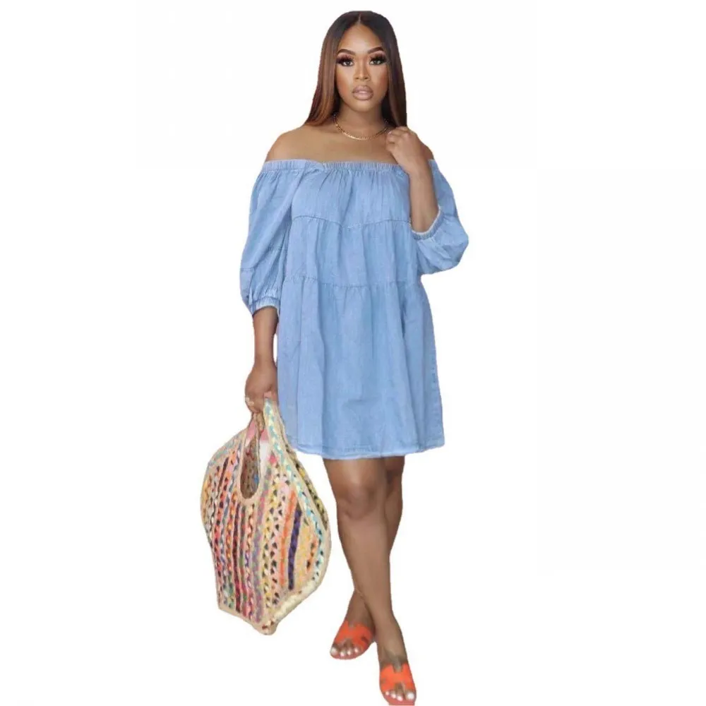 Women Clothing African Dress One-Shoulder Denim Skirt Casual Clothing European American New Style Women Dresses Summer 2021 2XL