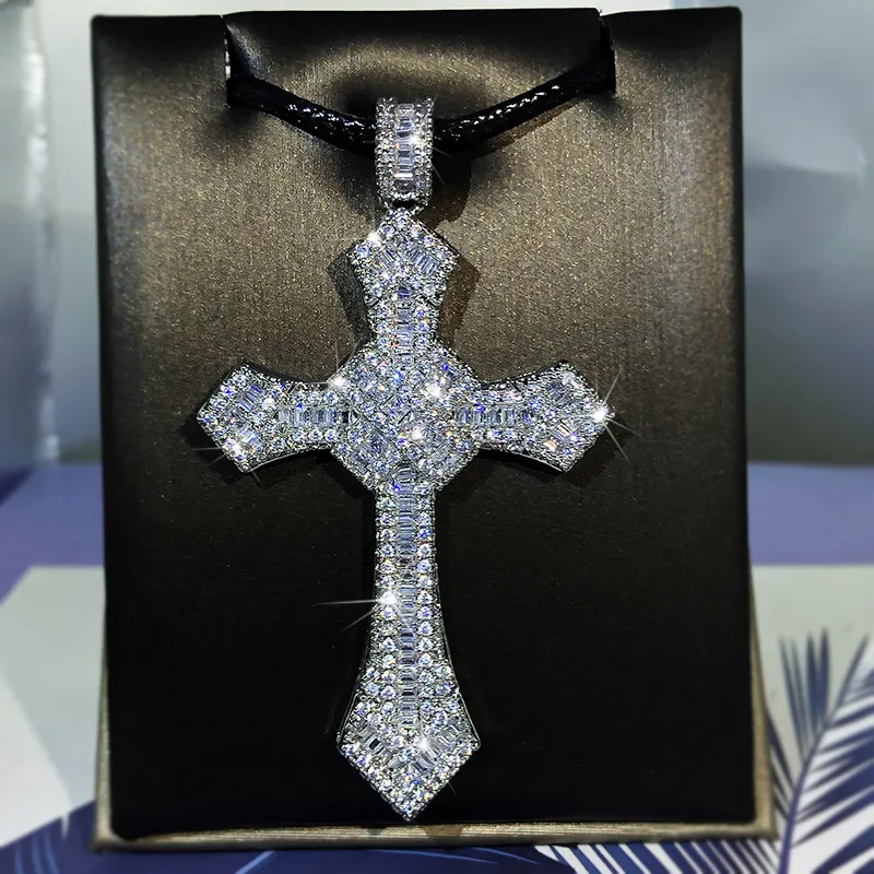 Bling Diamond Stone Cross Hangers Ketting Geplatineerd Mannen Vrouwen Minnaar Gift Religieuze Sieraden