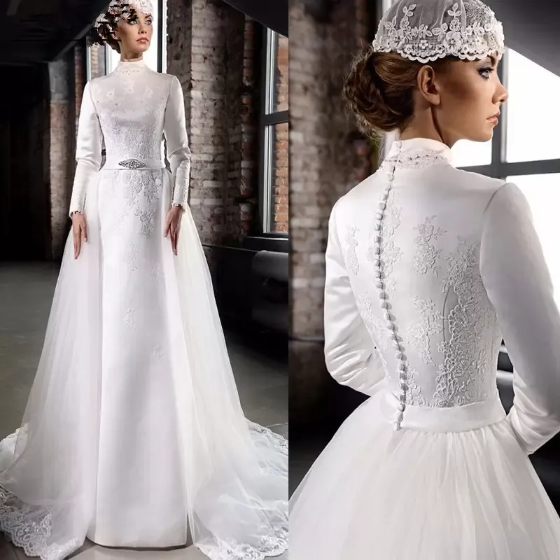 Abito da sposa musulmano modesto con gonna staccabile maniche lunghe collo alto abito da sposa in raso a-line con applicazioni di pizzo 2023 arabo Dubai abito islamico da sposa