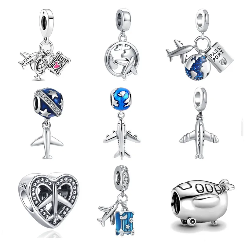 925 Gümüş Fit Pandora Charm 925 Bilezik Uçak Pasaport Seyahat Muska Dangle Hediye Aşk takılar seti Kolye DIY Güzel Boncuk Takı