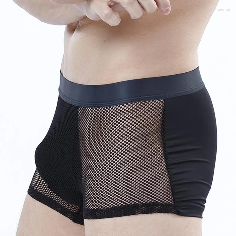 Caleçons Hommes Boxer Sous-Vêtements Hommes Sexy Ultra-mince Soie De Glace Boxers Mâle Maille Creux Shorts Noir Homme Culotte Calzoncillo Hombre