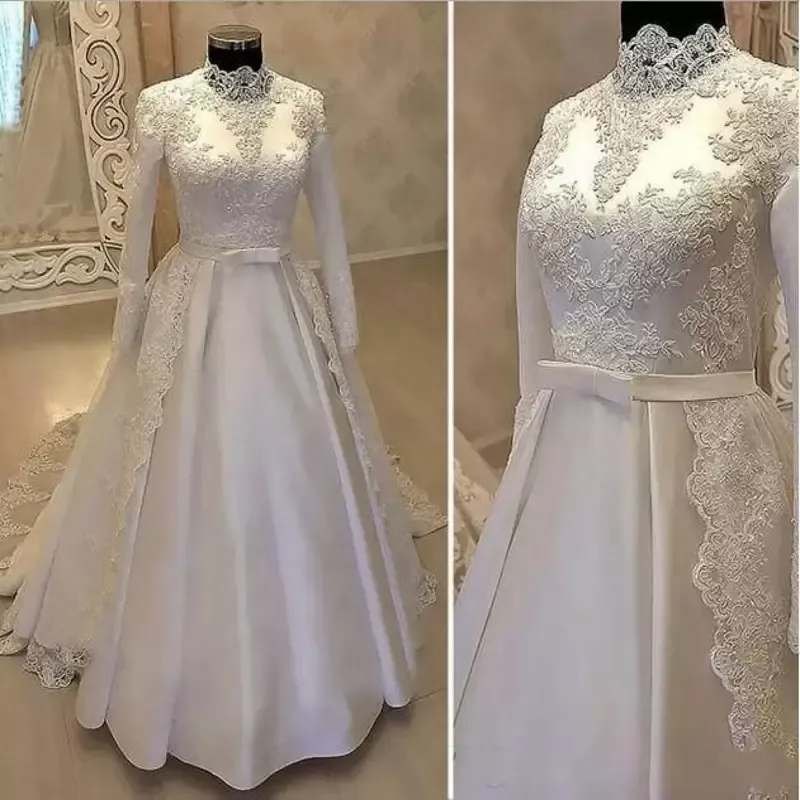 Modesto abito da sposa musulmano a-line maniche lunghe collo alto corte dei treni paese giardino abiti da sposa applicazioni di pizzo abito da sposa in raso arabo Dubai Abaya islamico