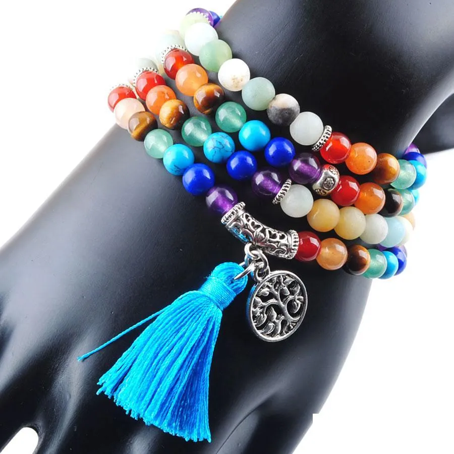 Boncuklu iplikçikler 108 Meditasyon MTI-Layer Uzun Strands Bilezikler 7 Çakra Yoga Doğal Yuvarlak Amazon Mala Boncuklar Tassel Jewel Bdejewelry Dhtfv