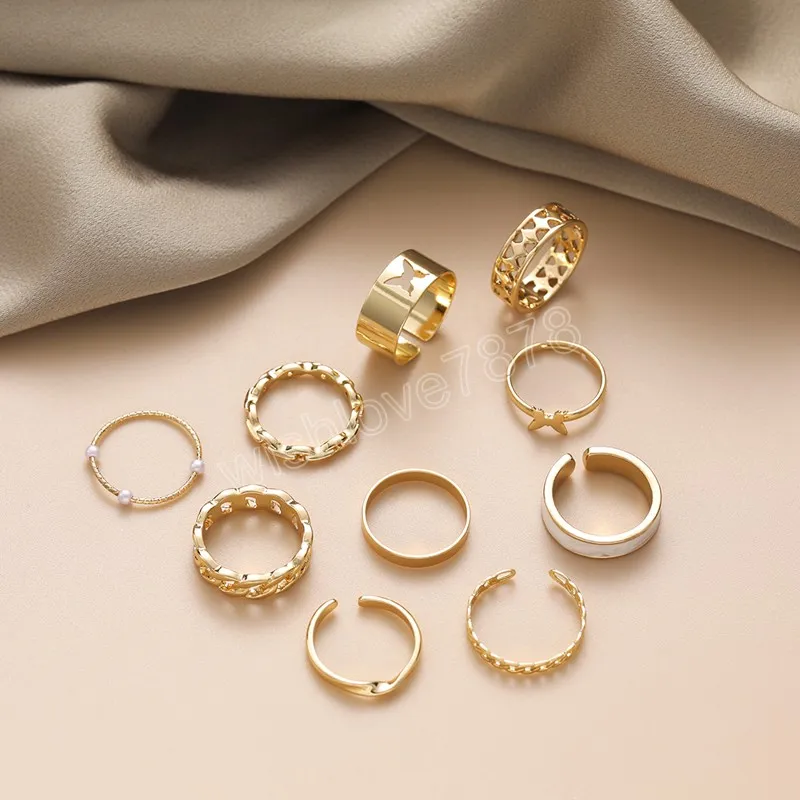Set di anelli da dito a forma di farfalla da donna vintage donne, ragazze, anelli di perle a catena bohemien, regalo di gioielli alla moda