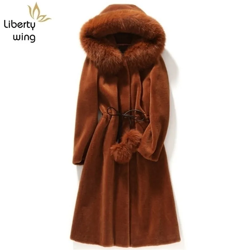 Cappotto lungo da donna in vera pelliccia finta Cappotto da tosatura di pecora naturale femminile con colletto in vera lana con cappuccio Giacca invernale calda da donna 220930