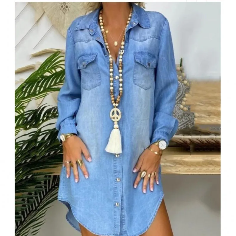 Women Dress Long-Sleeved Denim African Dress Loose Pocket Casual Denim Clothing European American Blue Women Dresses Summer 2021