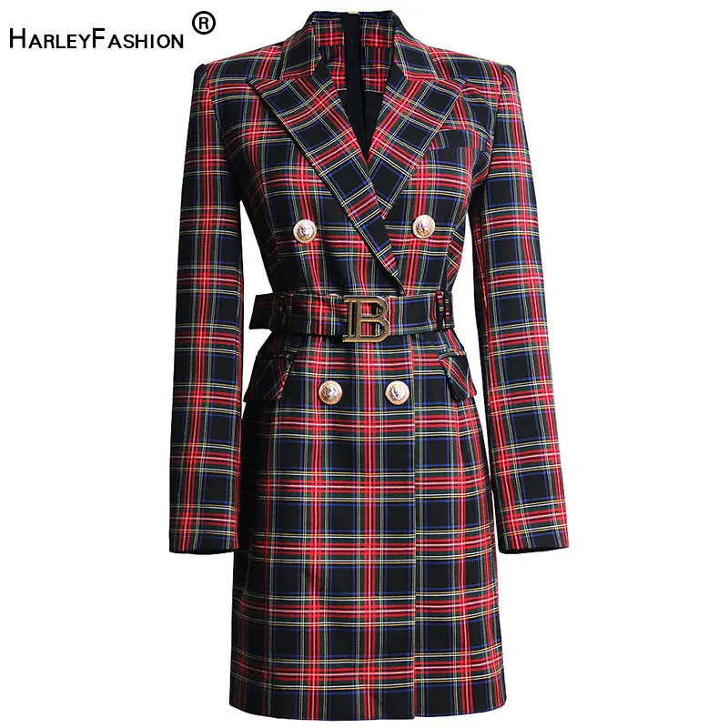 Arbetskl￤nningar Harleyfashin Classic England Style Plaid Printing Women Career Blazer Dresses With Belt 221006