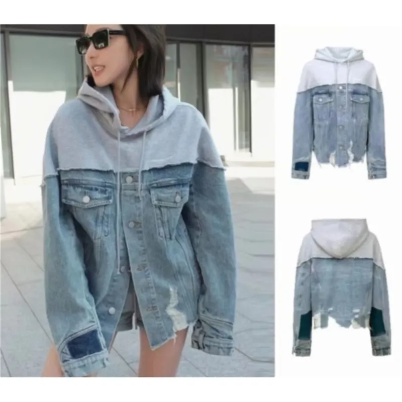 Kvinnors jackor 756030 Kvinnor denim Frayed Patchwork Hoodie Jacket Fashion Loose tröja Design Lång ärm Luxury Sports Streetwear Coat 220930