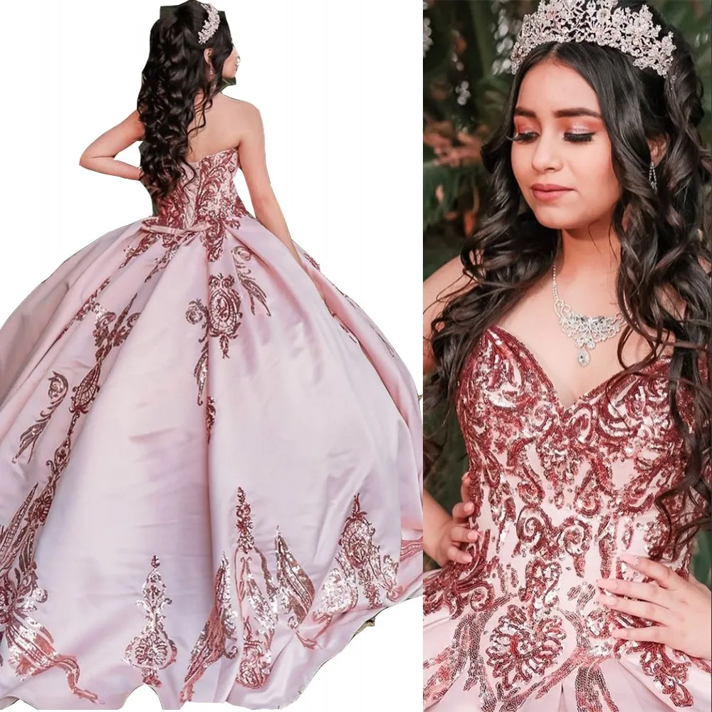 2022 blush rosa quinceanera vestidos vestido de banheiro sweetheart rosa ouro laca de lacas lacas lacas lacas lantejão lantejous de cônjuge vestido de cetim doce 16 vestido de 15 anos quinceanerara