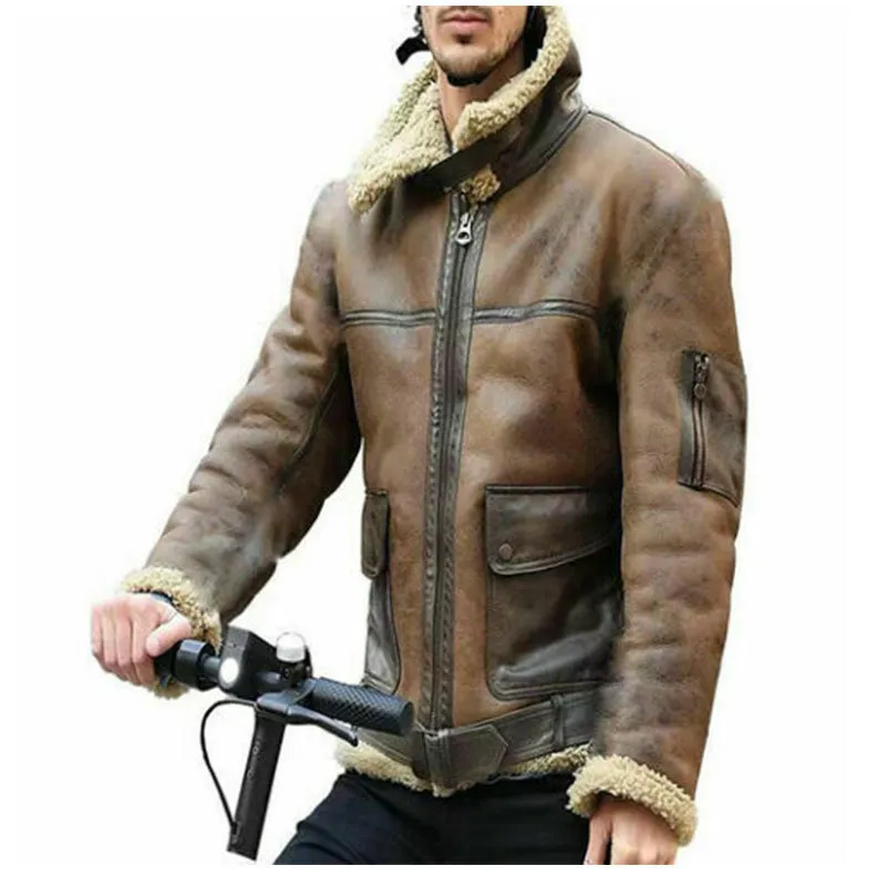 Hommes Fourrure Fausse Fourrure Hiver Hommes Laine D'agneau Doublé Veste En Cuir Parka Vêtements D'extérieur Manteau Hommes Rétro Fourrure Locomotive Veste Fermeture Éclair Pu Cuir Manteau Guerre