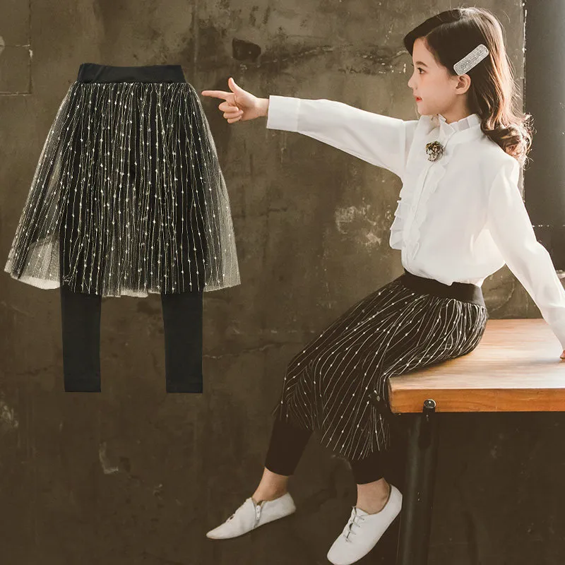 Taytlar Tayt Çocuklar için pantolon kızlar moda etek yarım etek sahte iki parça parlak siyah 4 11t 221006