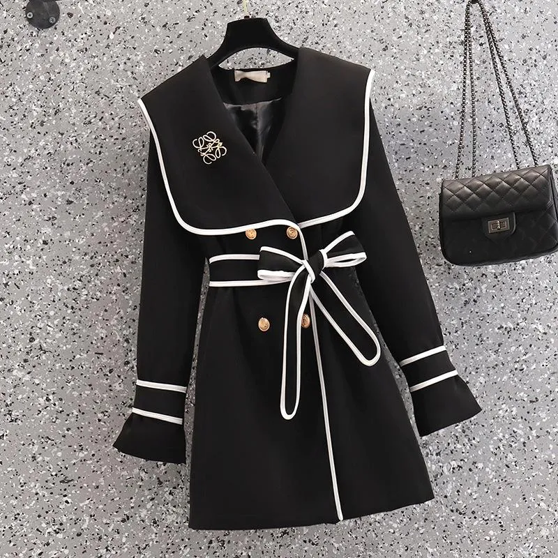 Women's Trench Coats Clothing Plus Size Navy Collar Jacket French Retro Waist And Thin Double-breasted Lace-up 2022