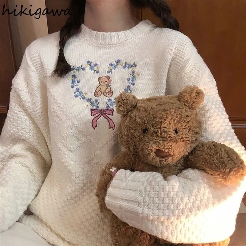 Kvinnors tröjor Kvinnokläder överdimensionerade tröjor Sweet Casual Pull Femme Brodery Bear Korean Knittad tröja Sueter de Mujer 221006