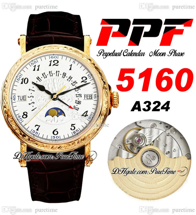 PPF Calendrier Perpétuel 5960R A324 Montre Automatique pour Homme Phase de Lune 38 Or Jaune Graver Fleur d'Argent Cadran Totem Noir Romain Cuir Marron Super Edition Puretime D4