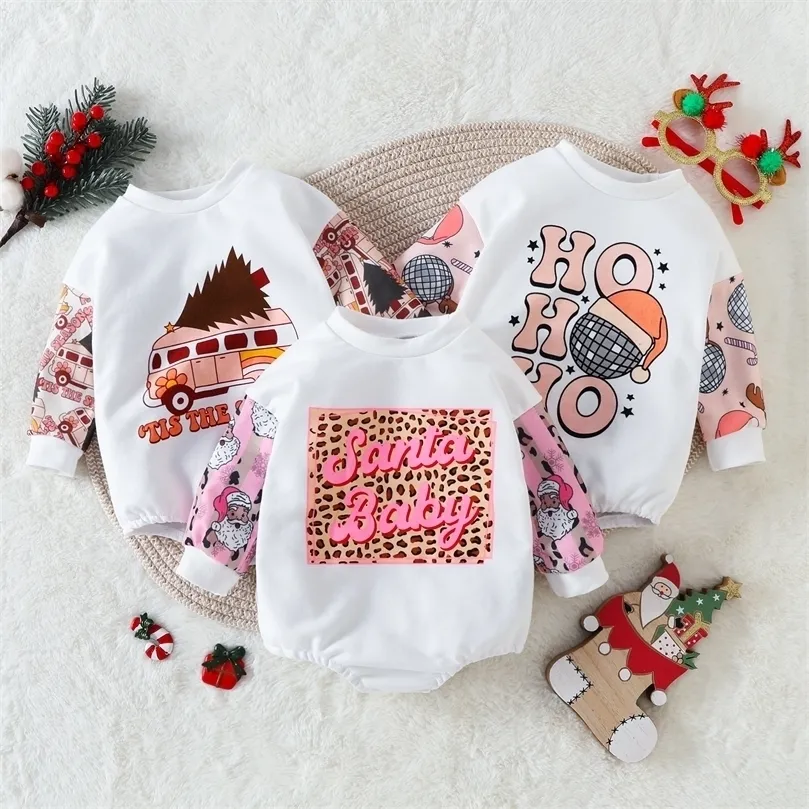 Footies Geboren Baby Boy Girls Kerst Rompers Kleding Kerstmis Treecarletter Print Patchwork Lange Mouw Sweatshirts Jumpsuits 2201006