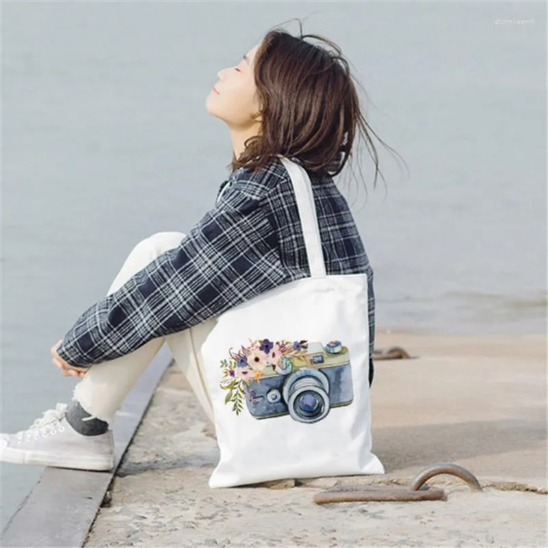 Storage Bags Camera Graphic Ladies Canvas Tote Bag Reusable Eco Female Shopping Handbags Shoulder Large Women Travel Package