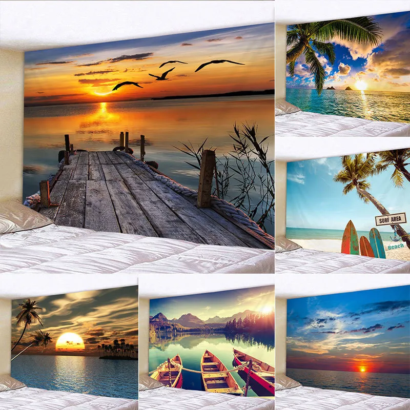 Arazzi Tramonto Uccello Arazzo Per Camera Da Letto Bellissimo Paesaggio Sea Wave Lake Wall Hanging Tessuto Sfondo Soffitto Home Decor 221006