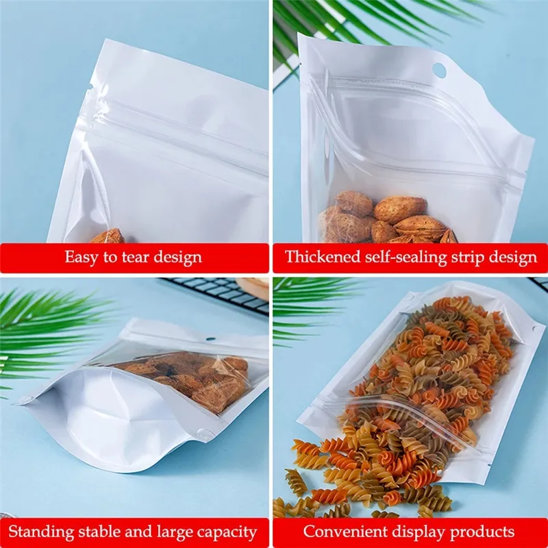 White Stand up Aluminum Foil Storage Bag Aluminum Foil Mylar Packaging Bag Snack Food s Water Proof Zipper Pouch LX5159