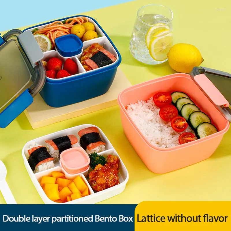 Ensembles de vaisselle Boîtes à lunch portables Compartiment en plastique Boîte à bento scellée de grande capacité Fruits carrés à double couche pour étudiant de bureau