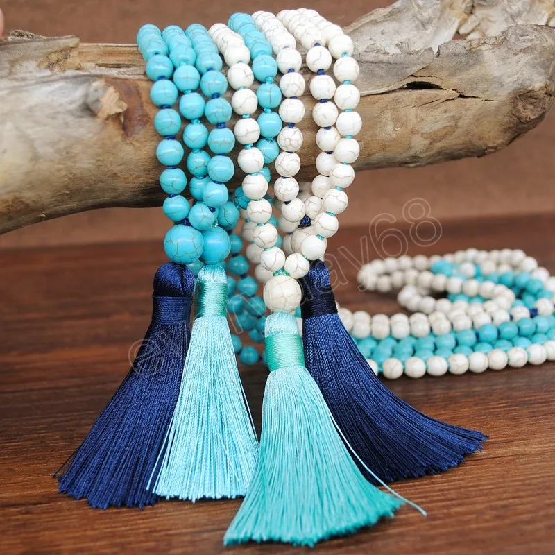 Chaîne d'ethnique rétro à main nouée Collier turquoises Collier Femmes Long Tassel Pendant Stone Perle Boho Colliers Bijoux