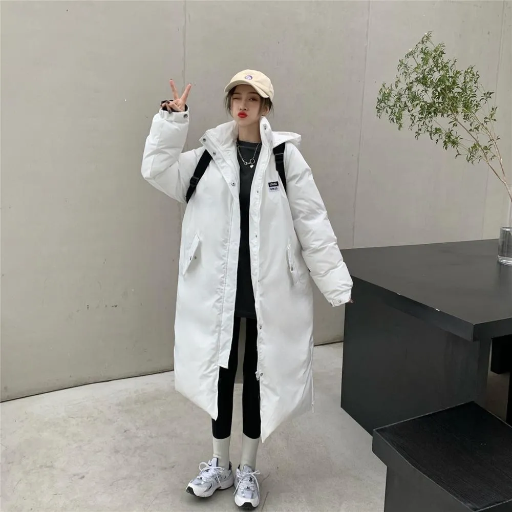Damskie palenie parkas zimowy biały płaszcz bąbelkowy Women Koreańska luźna z kapturem długa kurtka moda moda High Street Girl