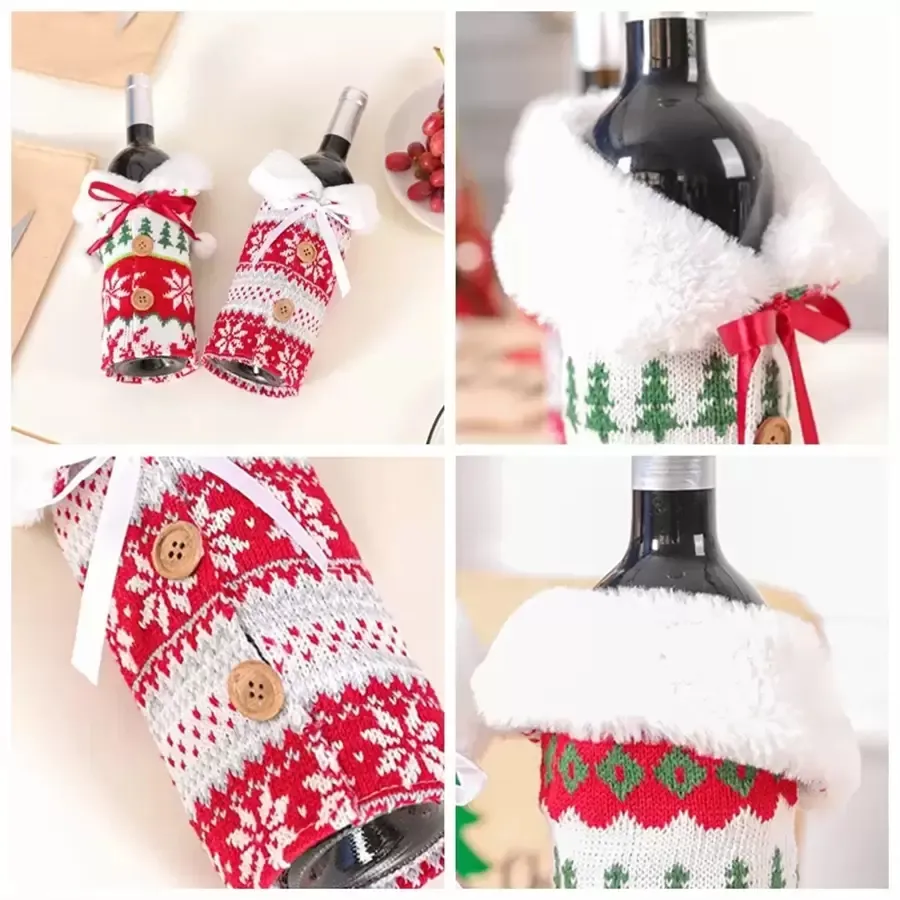 NEW 2023 Christmas Knit Wine Bottle Covers Snowflake Tree Wines Bottles Cover With Bowknot Beer Cover New Year Xmas Home Decoration