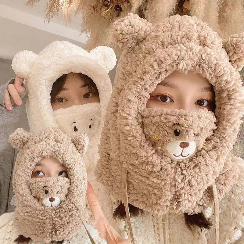 Children hats Girls Warm Winter Cute Bear Ears Women Hat Windproof Neck Scarf Lady Cashmere Cap 5pcs/