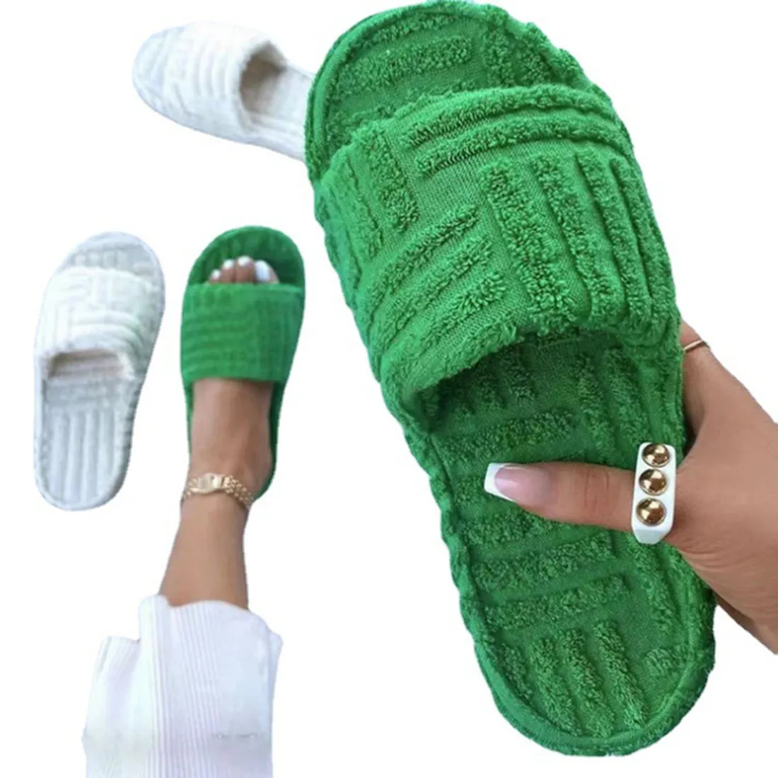 Womens Slipper Slides Flip Flops Green Winter Fashion Fur Soft Sole Comfort Open Toe House Shoes AL-653335400020