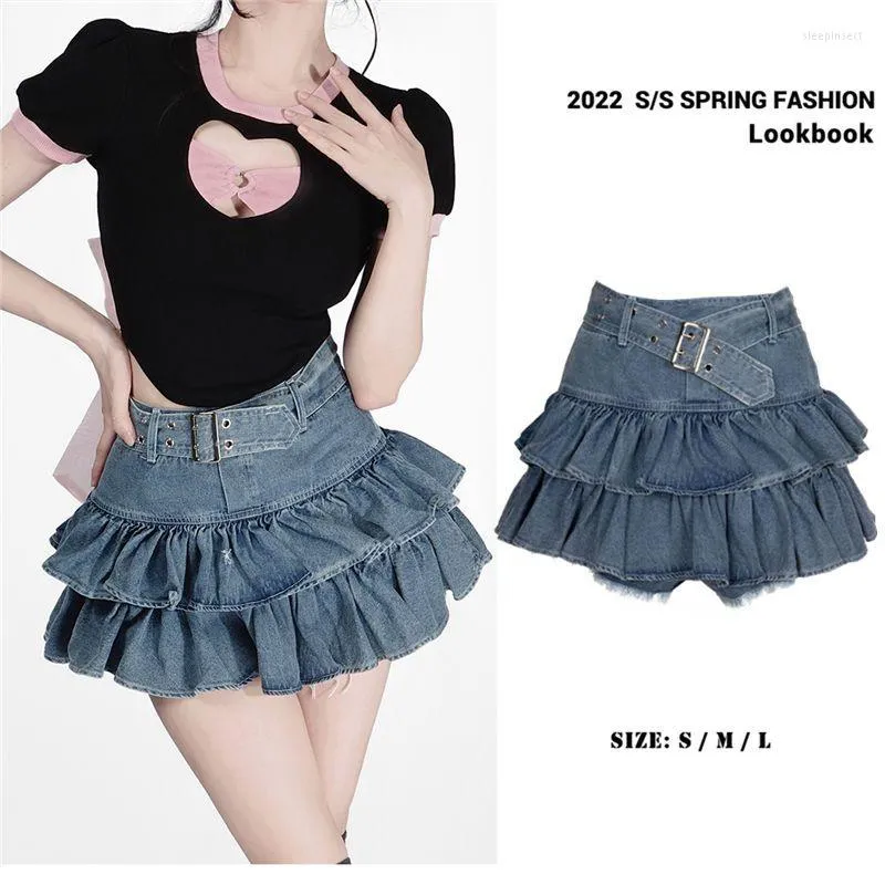 Skirts Y2k Pleated Denim Skirt Women Sexy Egirl Double Layer Ruffle Patchwork High Waist Jean Shorts Punk Summer Mini