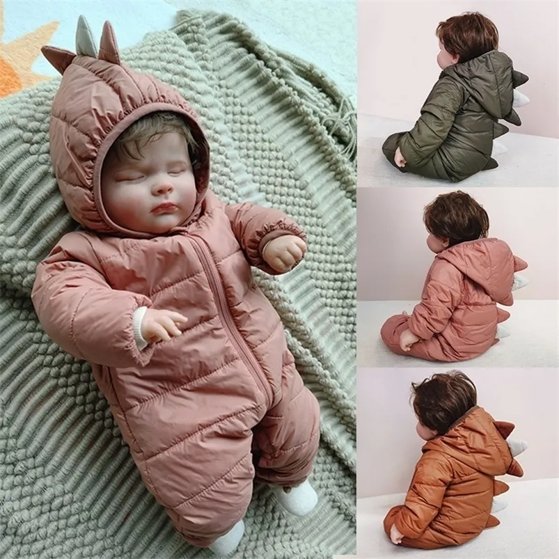 Rompers baby winter jumpsuits dinosaurus katoenen gekatelde baby's capuchon rits rompers geboren warme dikke onepiece kleding voor jongens meisjes 221007