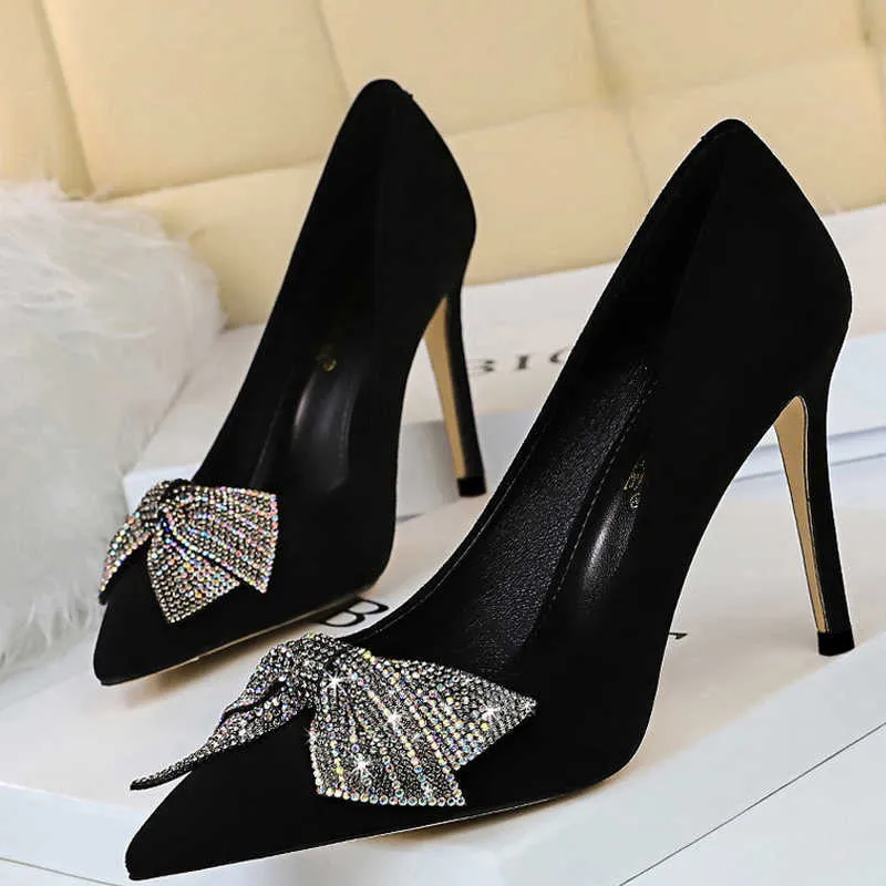 Chaussures habillées BIGTREE Bowknot Femme Pompes Strass Femmes Talons En Daim Sexy Partie Haute Femme Noir T220927