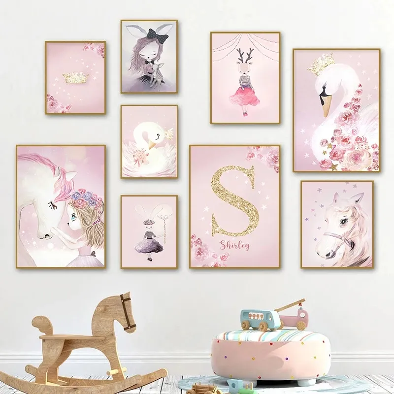 Toile peintures rose Kawaii chambre décor cygne pépinière mur Art Canva peinture mur affiches et impressions chambre