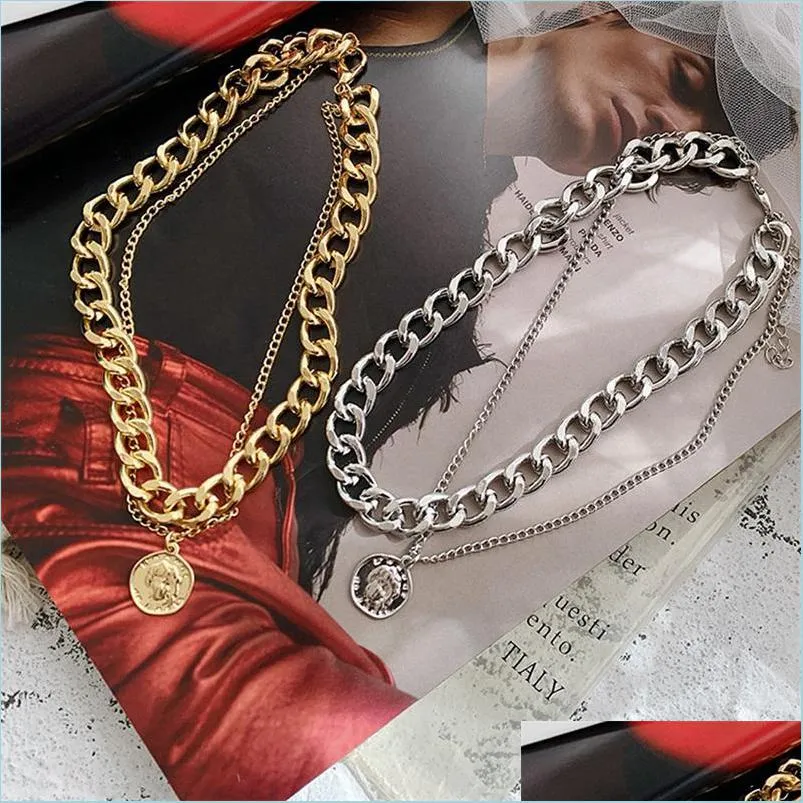 Pendant Necklaces Fashion Vintage Mti Layer Coin Chain Pendant Necklace For Women Gold Sier Color Portrait Chunky Necklaces 74 D3 Dro Dhwk3