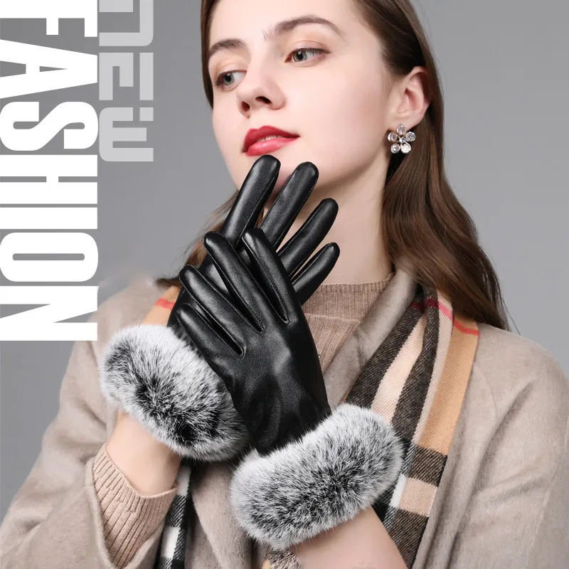 Hiver chaud écran tactile lapin cheveux gants en cuir affaires conduite gant pour femmes