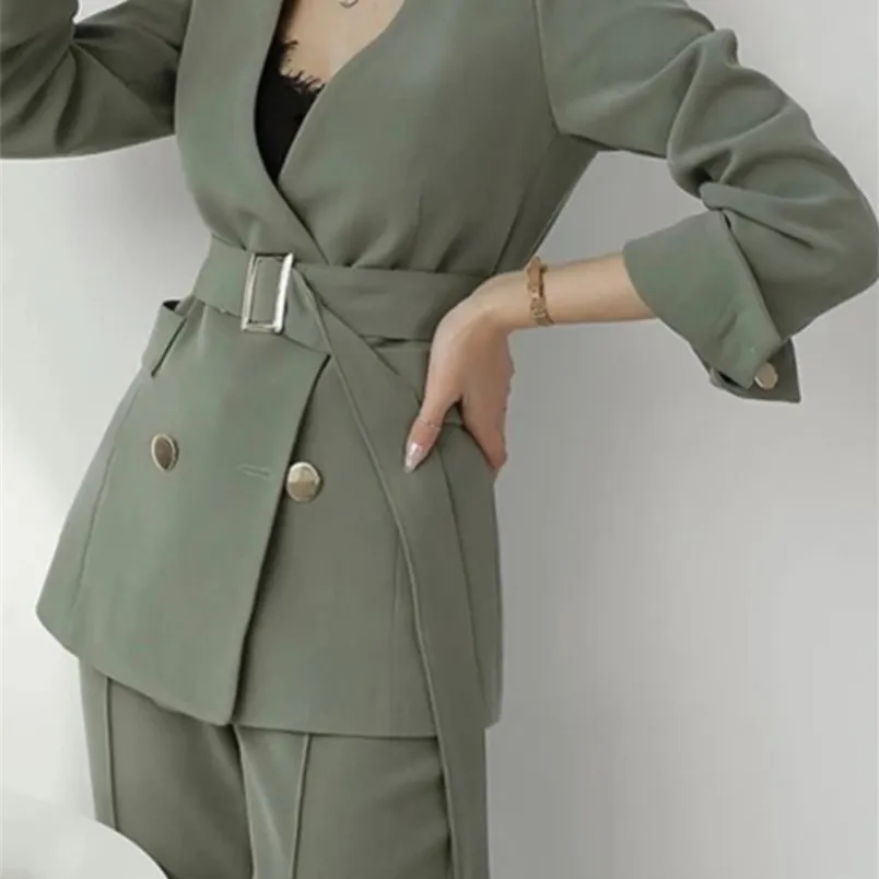 Costumes pour femmes Blazers printemps et automne bureau costume col en V vert deux pièces ensembles femme Blazer Girly élégant tempérament tailleur-pantalon configuration dames 221006