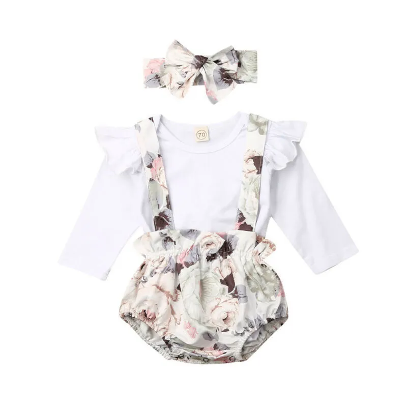 Clothing Sets 0 24M Infant Baby Girl Clothes Long Sleeve Tops Romper Flower Bib Shorts Outfit Set 221007