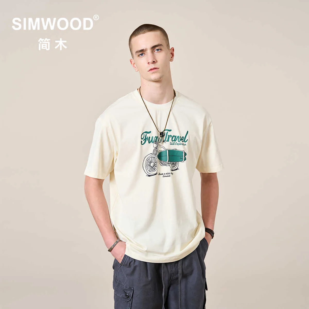 T-shirt da uomo SIMWOOD 2022 Estate Nuove T-shirt Uomo Cotone Traspirante Oversize Top Moto Stampa Tees Plus Size Abbigliamento di marca T221006