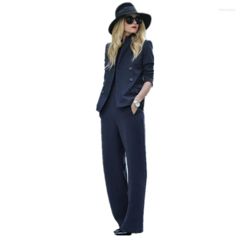 Pantaloni a due pezzi da donna Blu scuro 2 Set Blazer da donna Pantaloni da donna Abiti da lavoro femminile Pantaloni stile uniforme da ufficio personalizzati